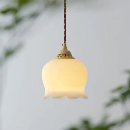 Luxora Cream Glass Flower Pendant Light, Brass Top Nordic Hanging Lamp
