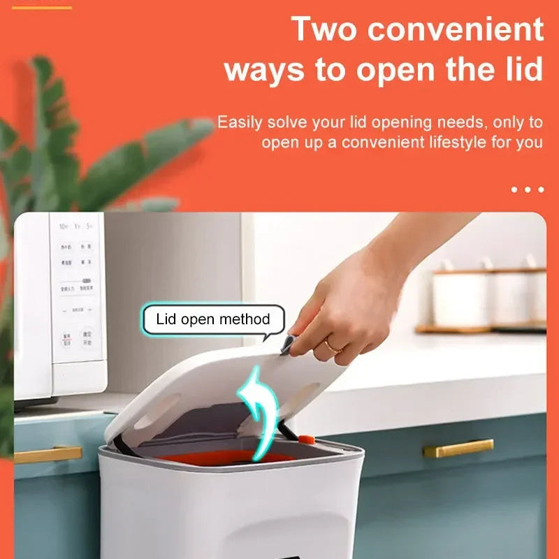 Luxora Hanging Trash Can with Lid - Easy Mount One Click Empty Kitchen Waste Bin