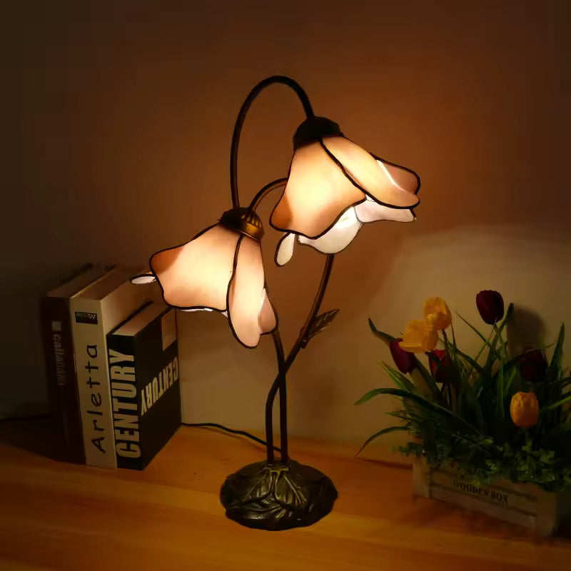 LuxRoyale Lotus Twin-Flower, Tiffany-Style Glass Table Lamp With Vintage Resin Base