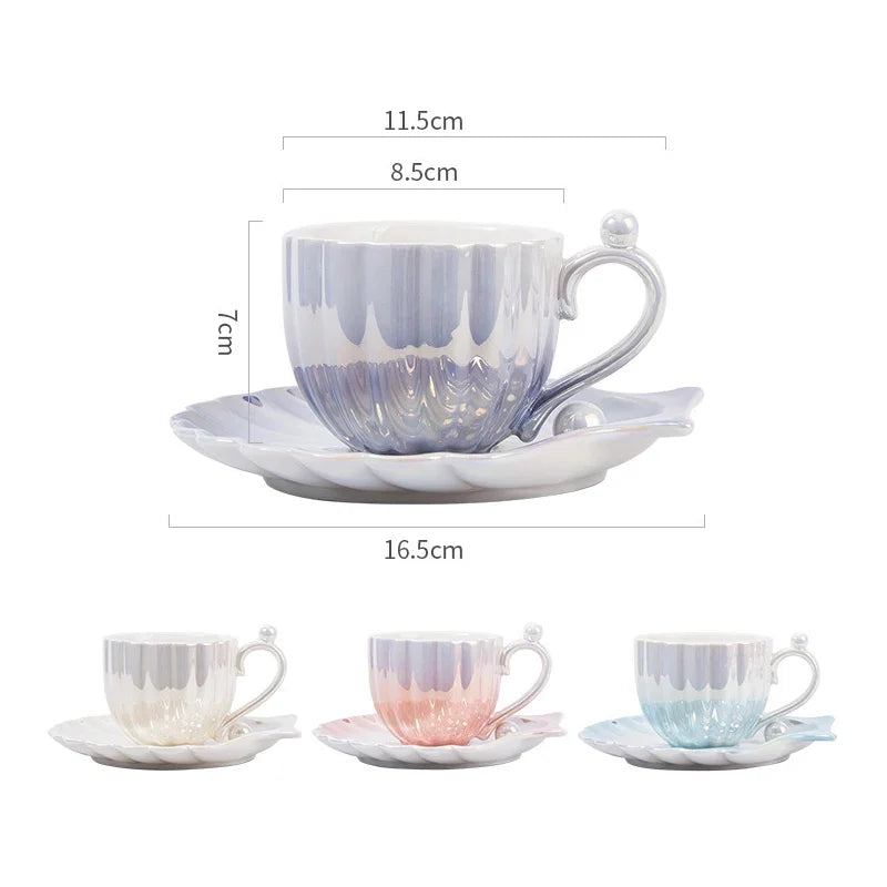 Luxora Mermaid Ceramic Tea Cup Set - Iridescent Shell Design for Coastal Elegance
