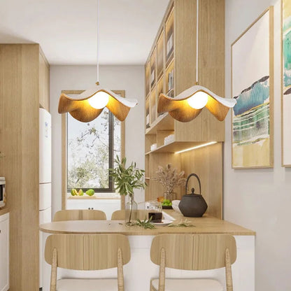 LuxRoyale Petal Wave Organic LED Pendant Light Lotus-Inspired Wood-Texture for Japandi Bedroom and Dining Room