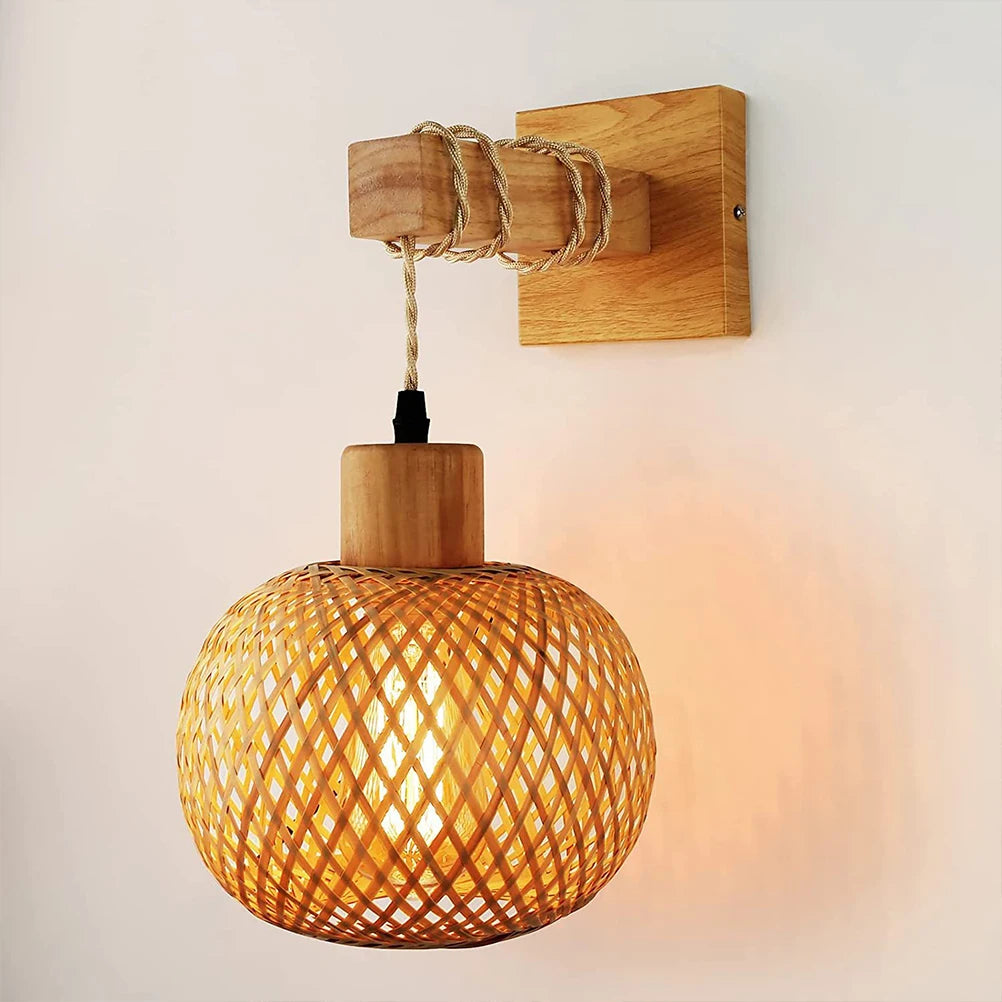 Royallure Bamboo Rattan Wall Lamp Handwoven Wicker Light Fixture for Room Decor