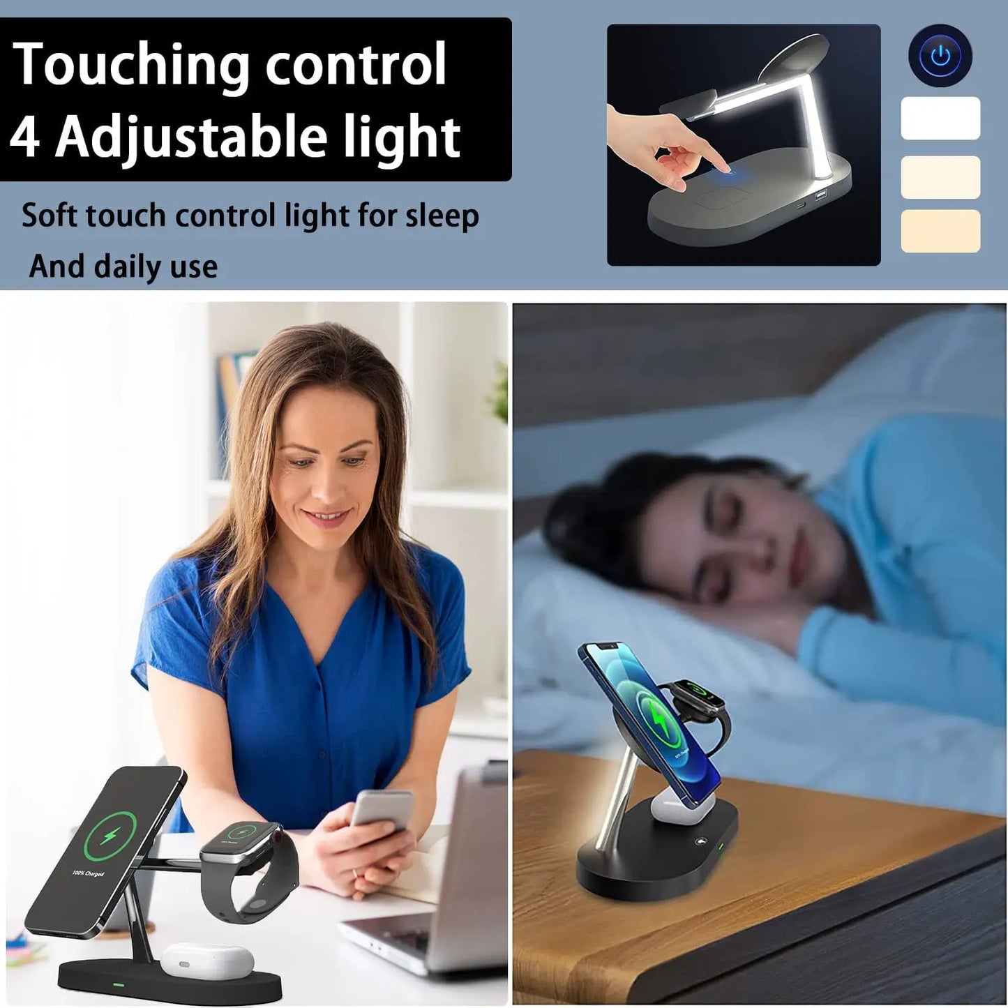 Rayvia 3-in-1 Wireless Charging Station for Smartphone Smartwatch and Earbuds with Night Light