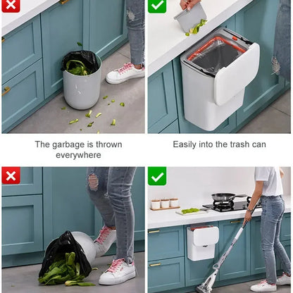 Luxora Hanging Trash Can with Lid - Easy Mount One Click Empty Kitchen Waste Bin