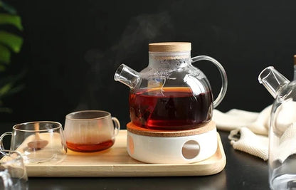 Royelux Borosilicate Glass Teapot Set with Warmer, Infuser, Cup & Serving Tray for Loose Leaf Tea