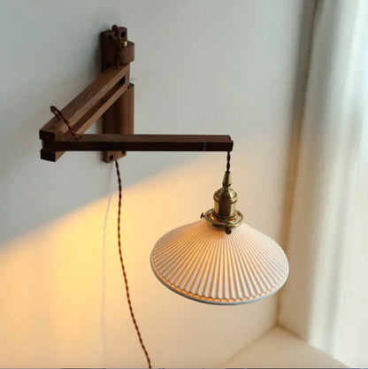 LuxRoyale Japanese-Style Walnut Folding Wall Sconce with Pleated Shade