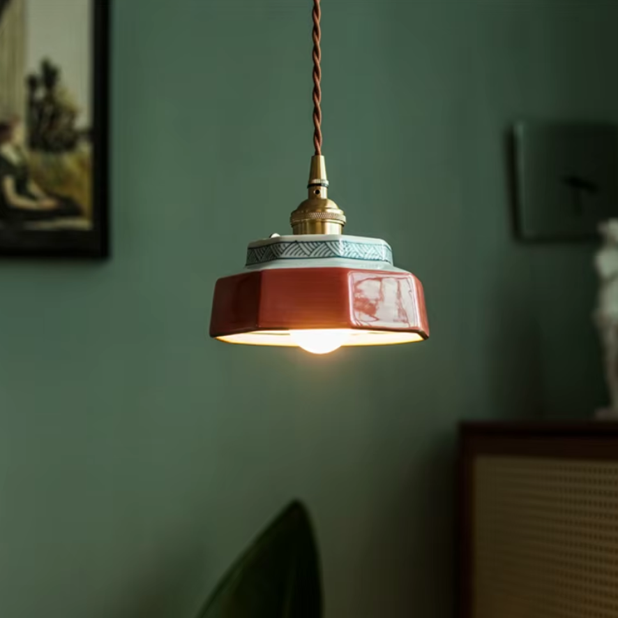 LuxRoyale Vintage Freehand Painting Porcelain Copper Pendant Lamp