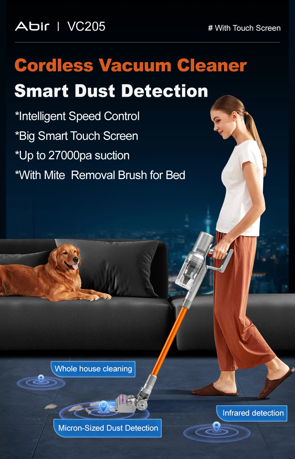 Cordless Handheld Vacuum Cleaner – 27000PA Suction, Touch Screen & Smart Dust Sensor