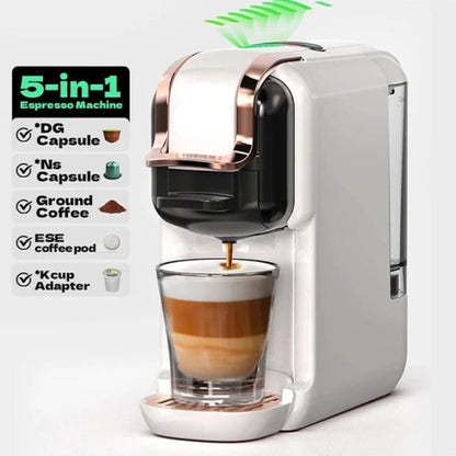  5-in-1 coffee machine with 20-bar pressure and milk frother, compatible with capsules and ground coffee for versatile brewing options.