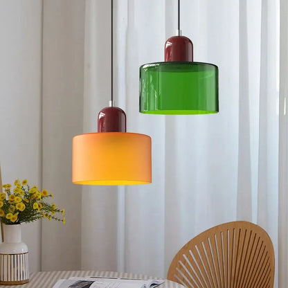 Royaleva Glass Pendant Light With Layered Color Block Drum Shade