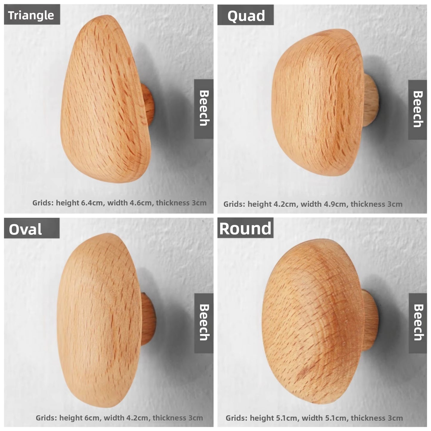 Luxora Wooden Wall Coat Hooks - 4pc Drill-Free Pebble Shape Hanger