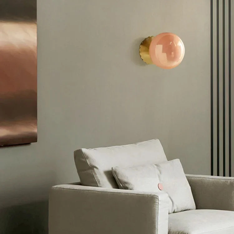LuxRoyale Marshmallo Glass Ball Wall Sconce with Brass Backplate for Bedroom & Bedside