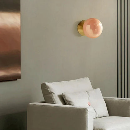 LuxRoyale Marshmallo Glass Ball Wall Sconce with Brass Backplate for Bedroom & Bedside