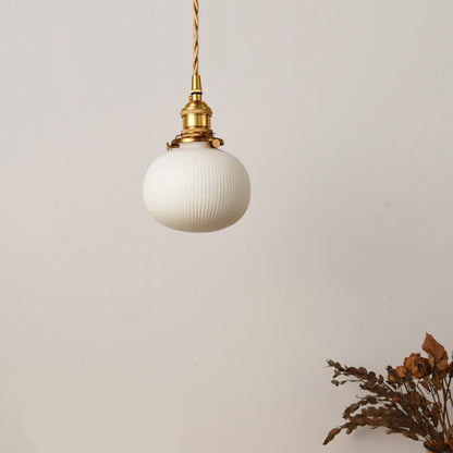 LuxRoyale Vintage Ribbed White Ceramic Minimalist Pendant Light Gold Hardware