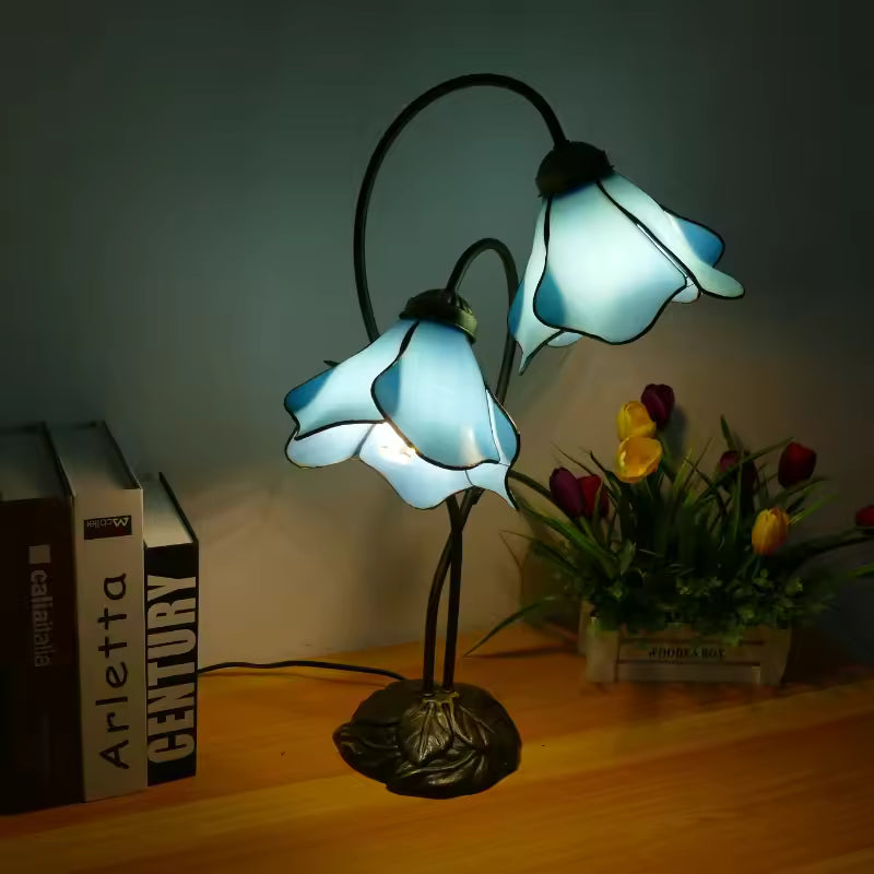 LuxRoyale Lotus Twin-Flower, Tiffany-Style Glass Table Lamp With Vintage Resin Base