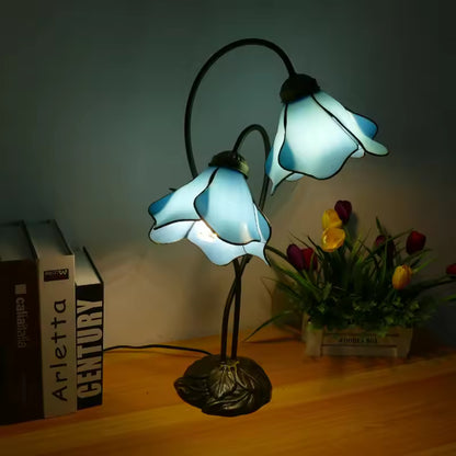 LuxRoyale Lotus Twin-Flower, Tiffany-Style Glass Table Lamp With Vintage Resin Base