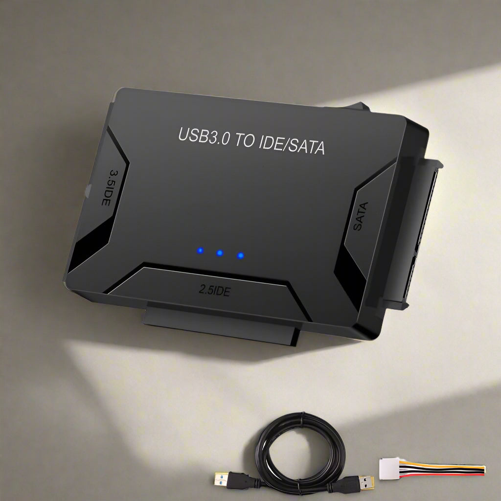 USB 3.0 to IDE/SATA hard drive adapter for 2.5/3.5-inch HDD, SSD, and CD/DVD drives. Supports up to 6TB storage, plug-and-play setup, fast 5Gbps data transfer, and wide OS compatibility