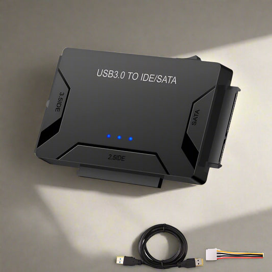 USB 3.0 to IDE/SATA hard drive adapter for 2.5/3.5-inch HDD, SSD, and CD/DVD drives. Supports up to 6TB storage, plug-and-play setup, fast 5Gbps data transfer, and wide OS compatibility