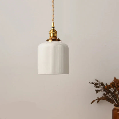 LuxRoyale Vintage Ribbed White Ceramic Minimalist Pendant Light Gold Hardware
