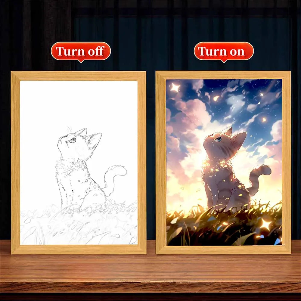 RoyaleGlow Cat LED Night Light Frame - Adorable 3-Color Dimmable Painting Lamp