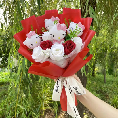 Hello Kitty flower bouquet with vinyl dolls, artificial flowers, wrapped in pink paper, perfect for gifts and special occasions.