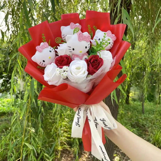 Hello Kitty flower bouquet with vinyl dolls, artificial flowers, wrapped in pink paper, perfect for gifts and special occasions.