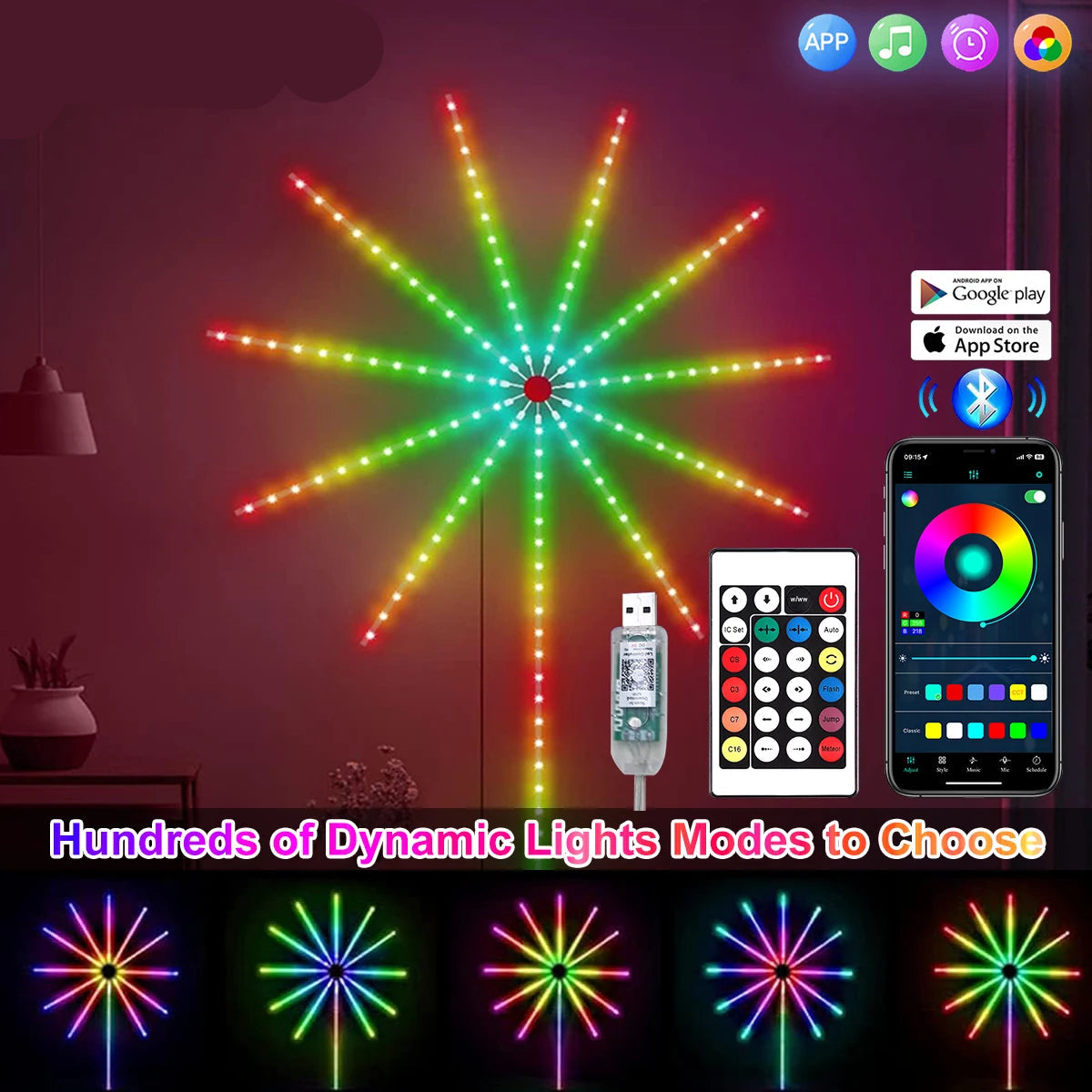 Firework LED Strip Lights displaying vibrant RGBIC colors, controlled via smartphone app or remote, creating dazzling lighting effects for bedrooms and parties.