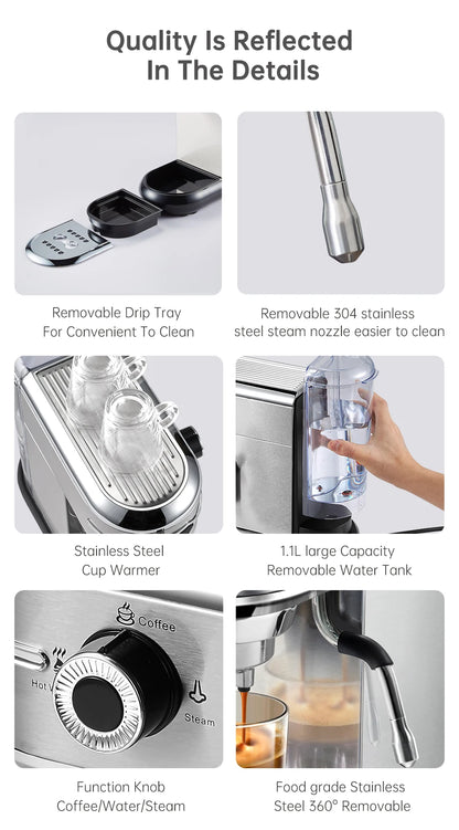 Slim Espresso Machine – 20-Bar Semi-Automatic Coffee Maker for ESE Pods & Ground Coffee