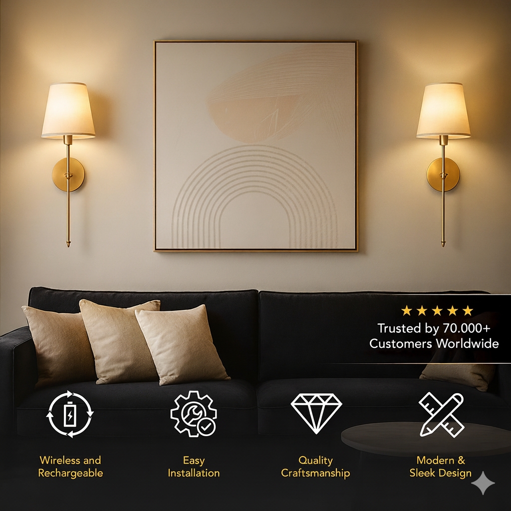 Set of 2 Wireless Wall Sconces with Remote & Rechargeable Bulbs – No Drill 1