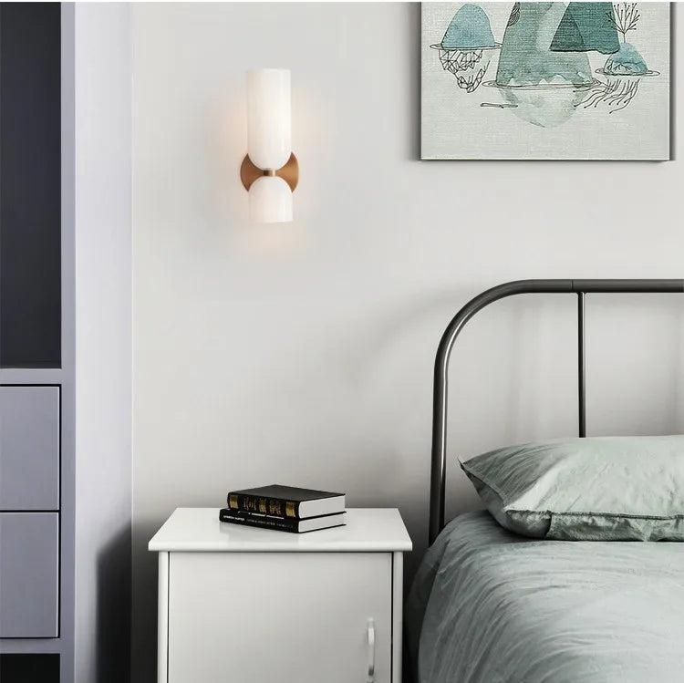 LuxRoyale Modern Brass Wall Sconce with Dual Blue Frosted Glass Shades