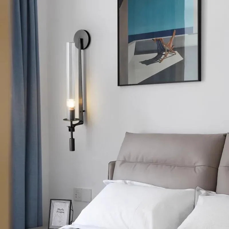 LuxRoyale French Brass Wall Lamp With Ribbed Glass Cylinder And Edison Bulb