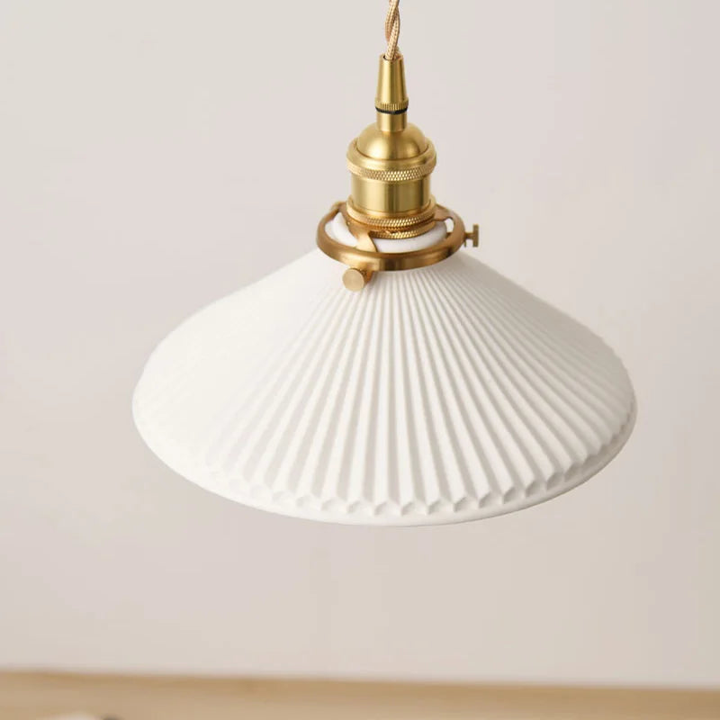 LuxRoyale Vintage Ribbed White Ceramic Minimalist Pendant Light Gold Hardware