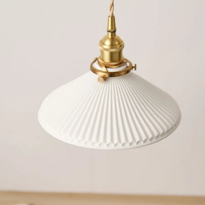 LuxRoyale Vintage Ribbed White Ceramic Minimalist Pendant Light Gold Hardware