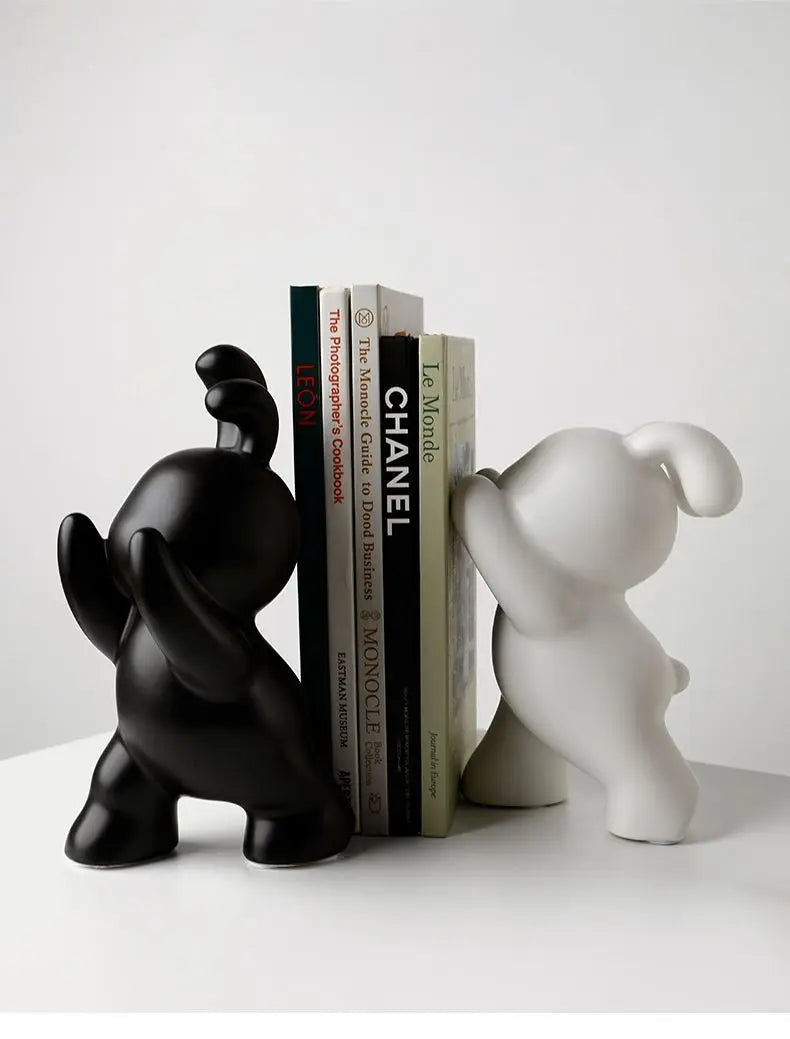 Royelux Modern Bunny Bookends - Black & White Ceramic Rabbit Statues for Shelves