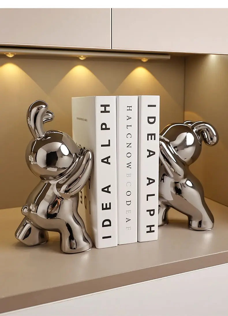 Royelux Modern Bunny Bookends - Black & White Ceramic Rabbit Statues for Shelves