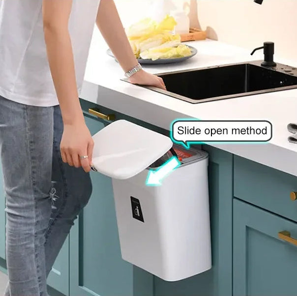 Luxora Hanging Trash Can with Lid - Easy Mount One Click Empty Kitchen Waste Bin