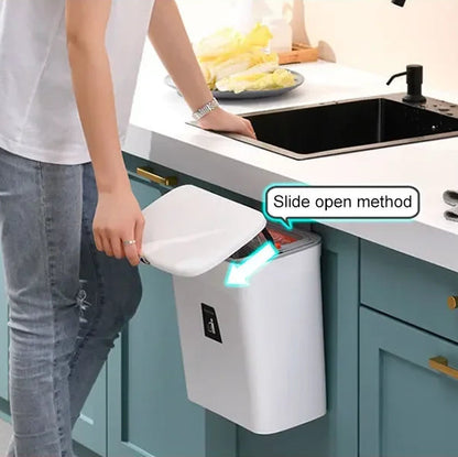 Luxora Hanging Trash Can with Lid - Easy Mount One Click Empty Kitchen Waste Bin