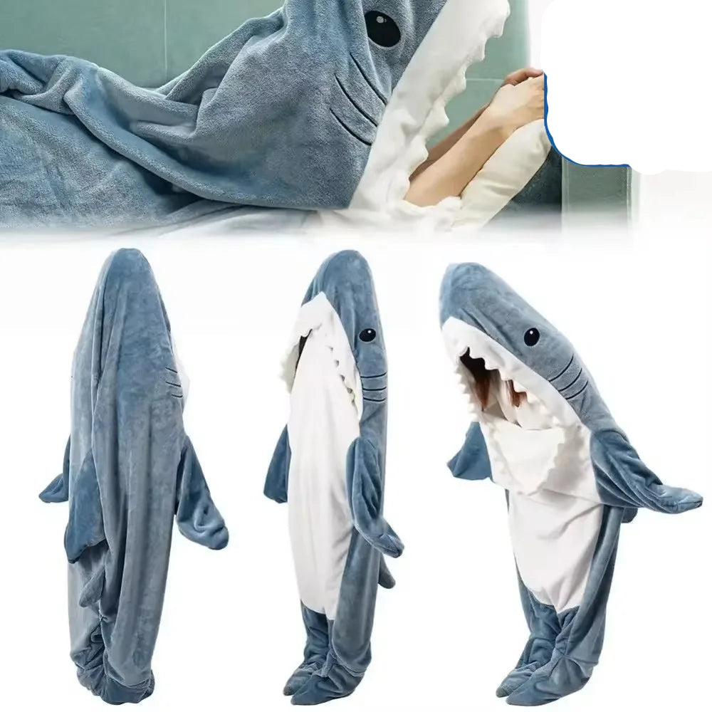 Shark Blanket Adult Cartoon Sleeping Bag Pajama Hooded Warm Flannel Funny Homewear Shark Onesie Sleeping Bag Winter Warm Blanket 0