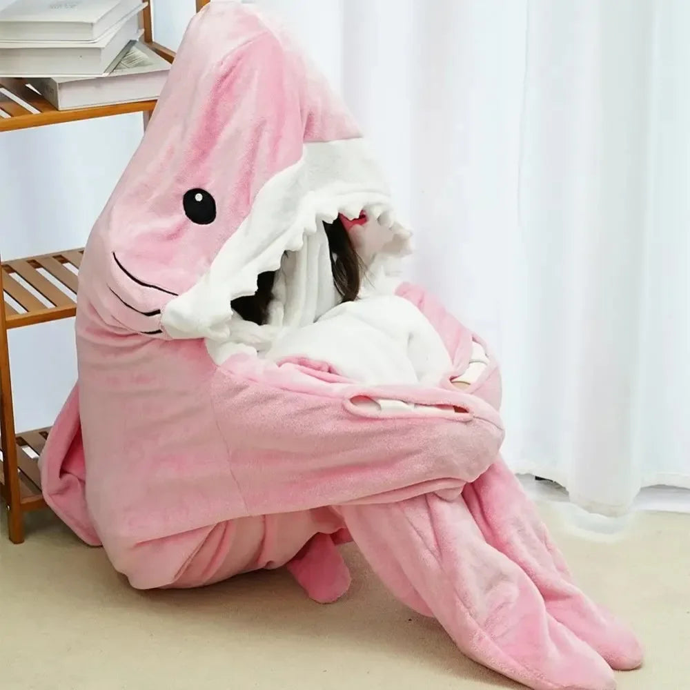 Shark Blanket Adult Cartoon Sleeping Bag Pajama Hooded Warm Flannel Funny Homewear Shark Onesie Sleeping Bag Winter Warm Blanket 4