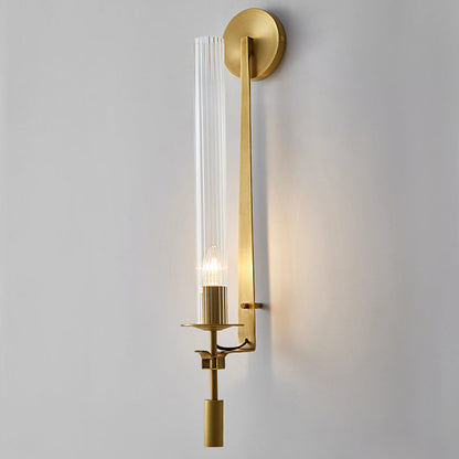 LuxRoyale French Brass Wall Lamp With Ribbed Glass Cylinder And Edison Bulb