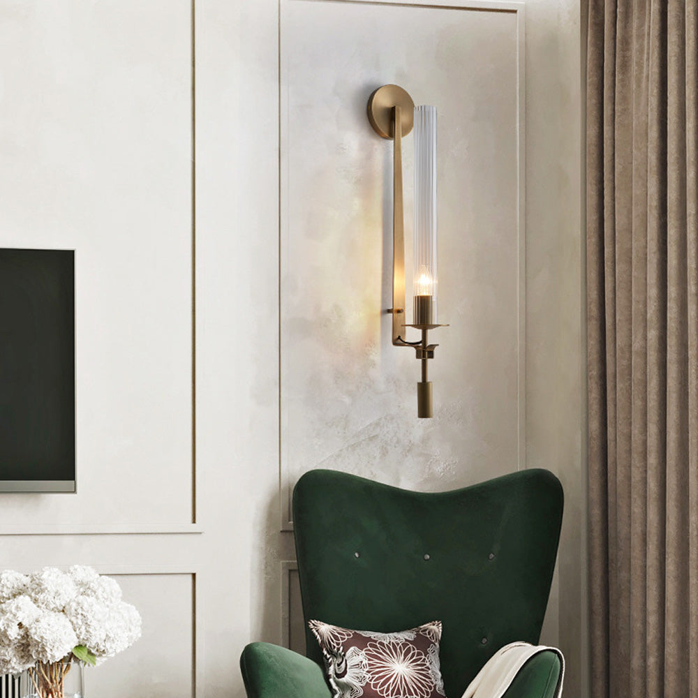 LuxRoyale French Brass Wall Lamp With Ribbed Glass Cylinder And Edison Bulb