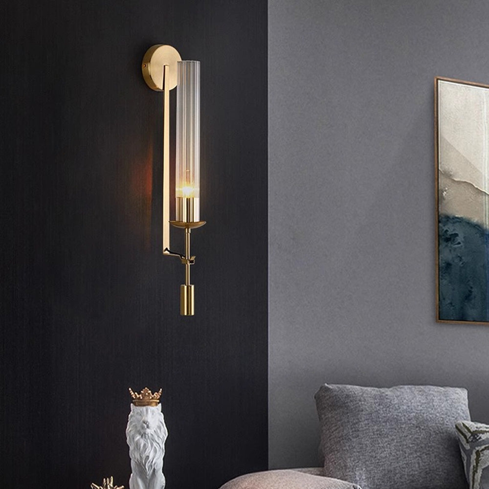 LuxRoyale French Brass Wall Lamp With Ribbed Glass Cylinder And Edison Bulb