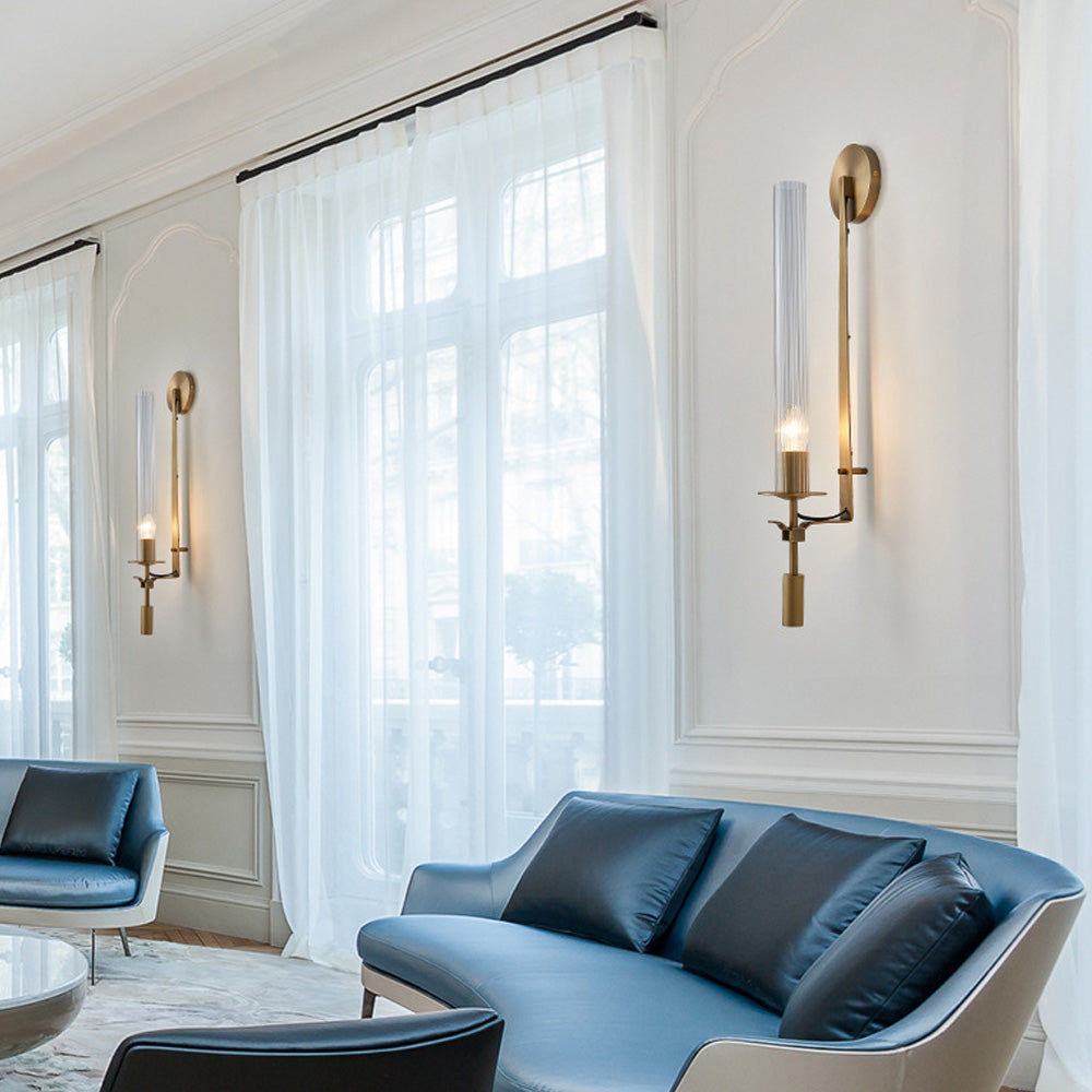 LuxRoyale French Brass Wall Lamp With Ribbed Glass Cylinder And Edison Bulb