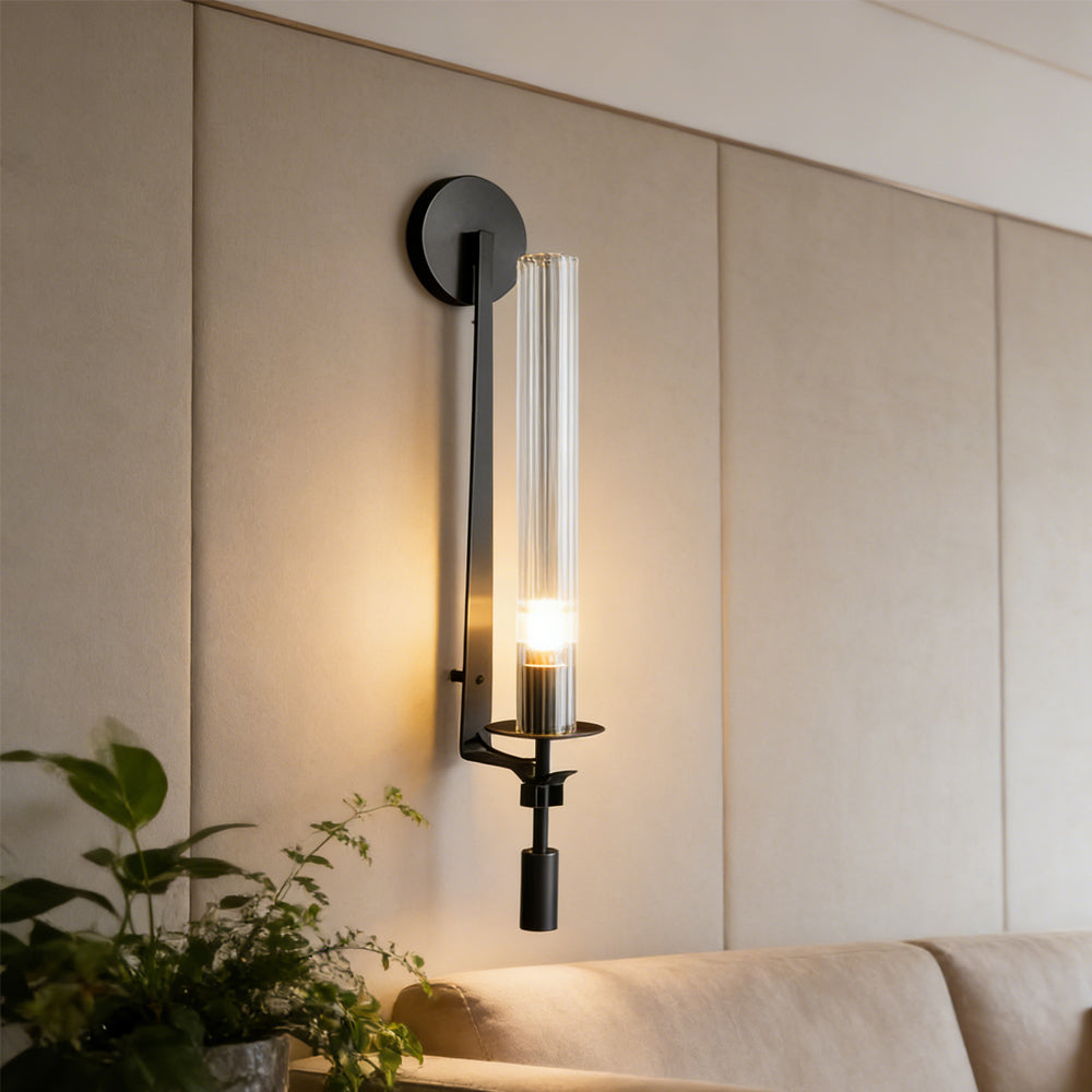 LuxRoyale French Brass Wall Lamp With Ribbed Glass Cylinder And Edison Bulb
