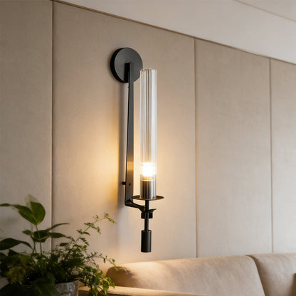 LuxRoyale French Brass Wall Lamp With Ribbed Glass Cylinder And Edison Bulb