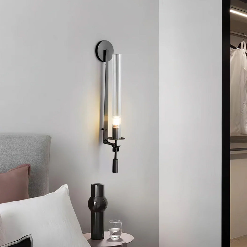 LuxRoyale French Brass Wall Lamp With Ribbed Glass Cylinder And Edison Bulb