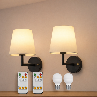 LuxRoyale Cordless Brushed Brass & Fabric Wall Lamp - Dimmable 2 Pack