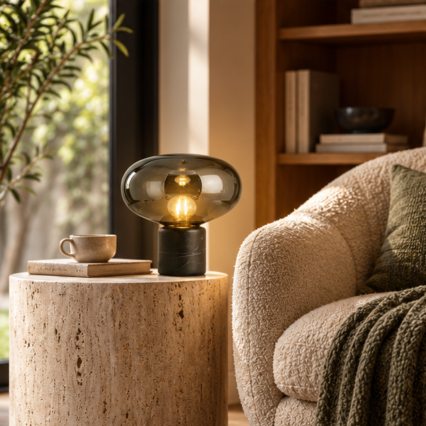 RoyaleGlow Smoked Glass Mushroom Table Lamp with Marble Base