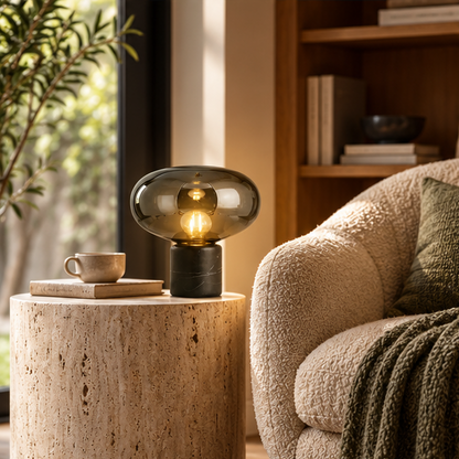 RoyaleGlow Smoked Glass Mushroom Table Lamp with Marble Base