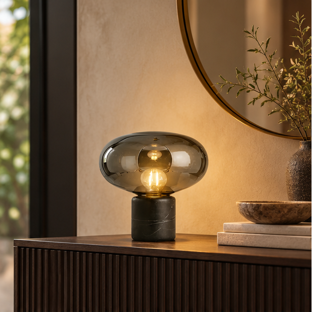 RoyaleGlow Smoked Glass Mushroom Table Lamp with Marble Base